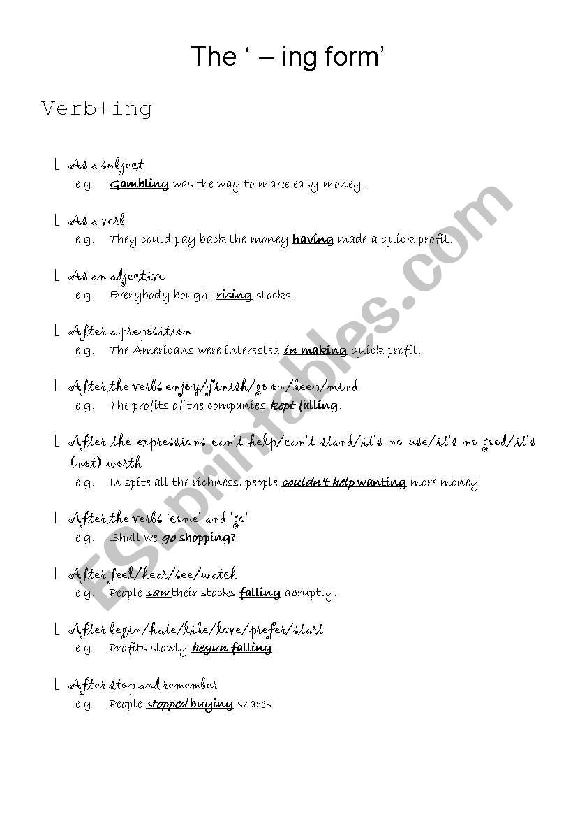 The -ing Form worksheet