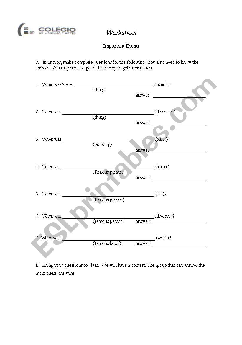 importante events worksheet