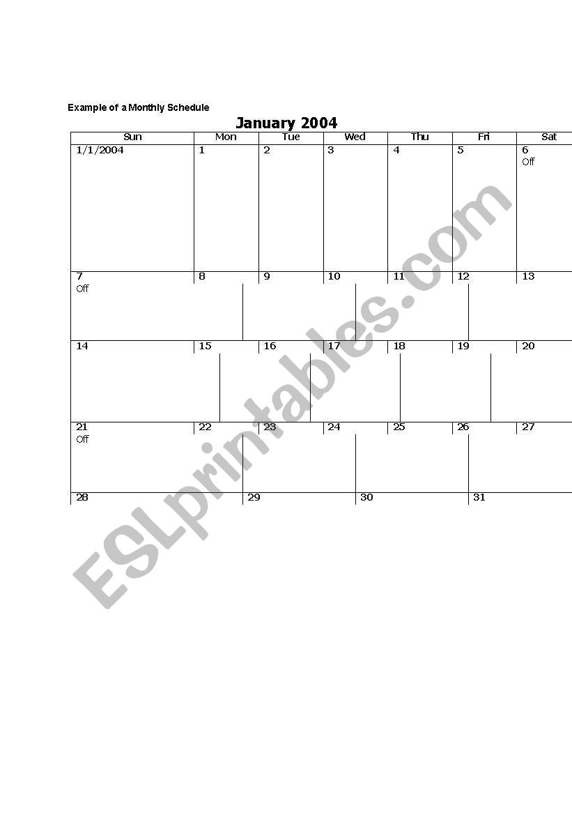 Monthly calender plan worksheet