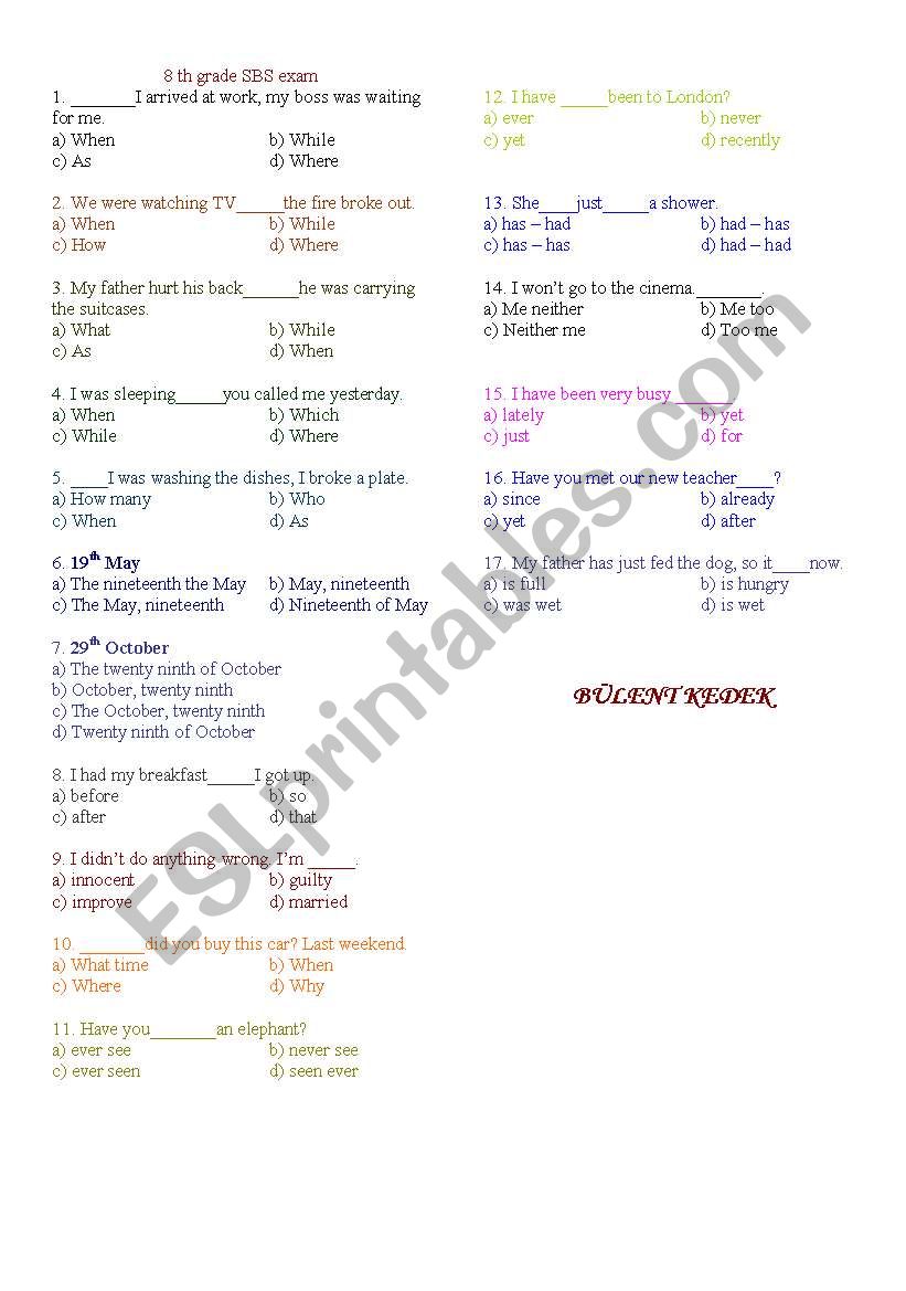 8 th grade SBS text worksheet