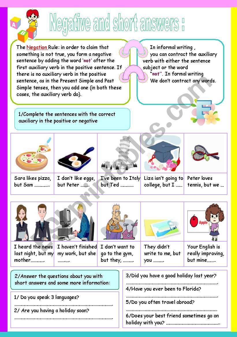 Esl Negative Sentences Worksheets