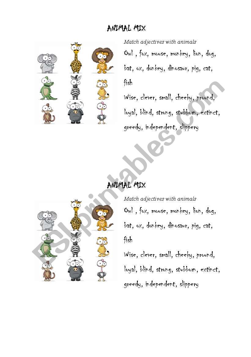 animals and adjectives worksheet