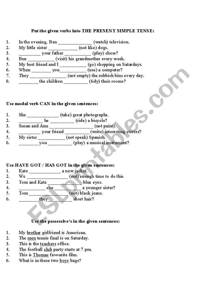 grammar exercises worksheet