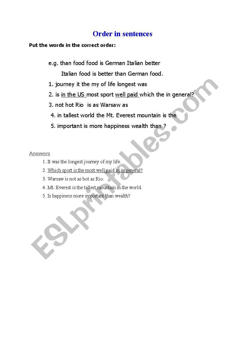 Order in sentences worksheet