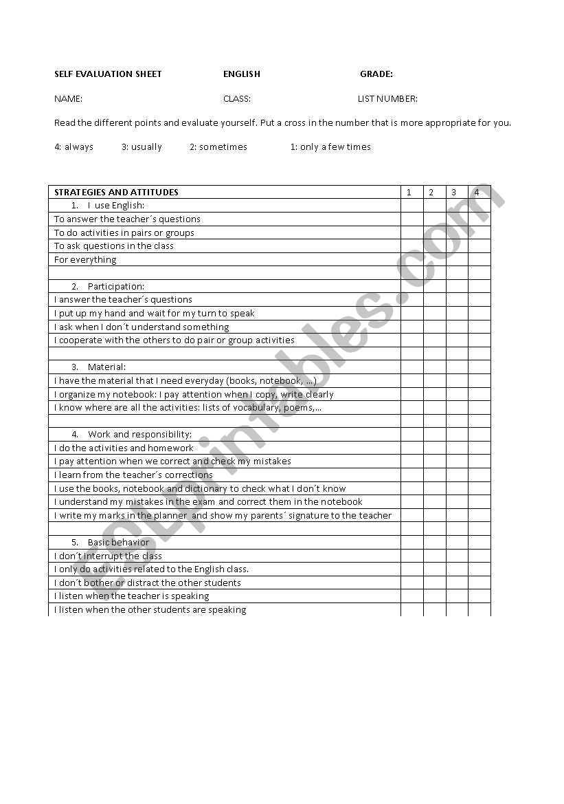 Self evaluation sheet worksheet
