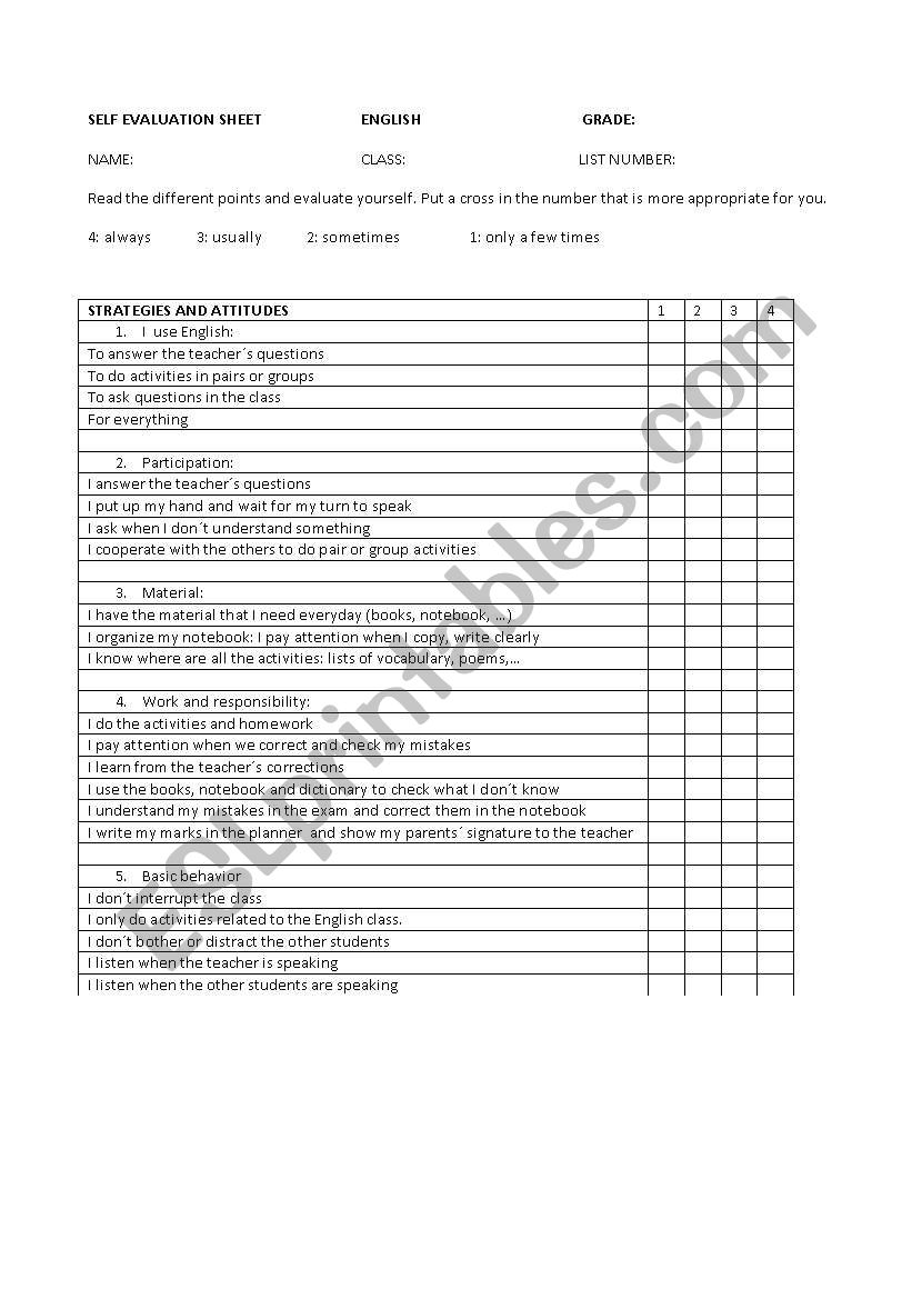 Self evaluation sheet worksheet