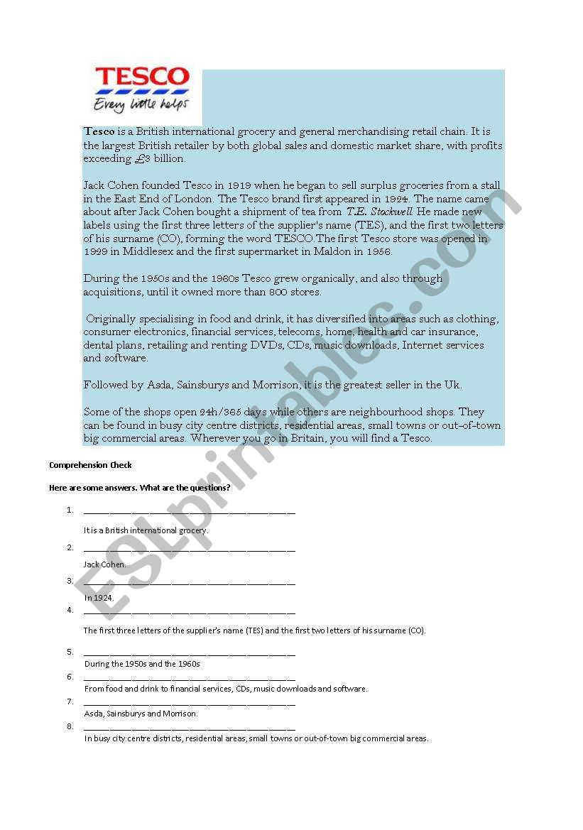 Tesco worksheet