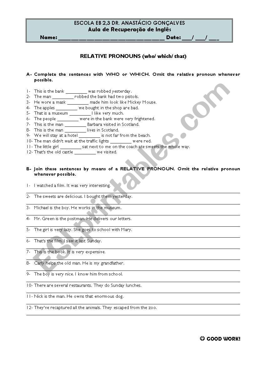 Relative pronouns worksheet