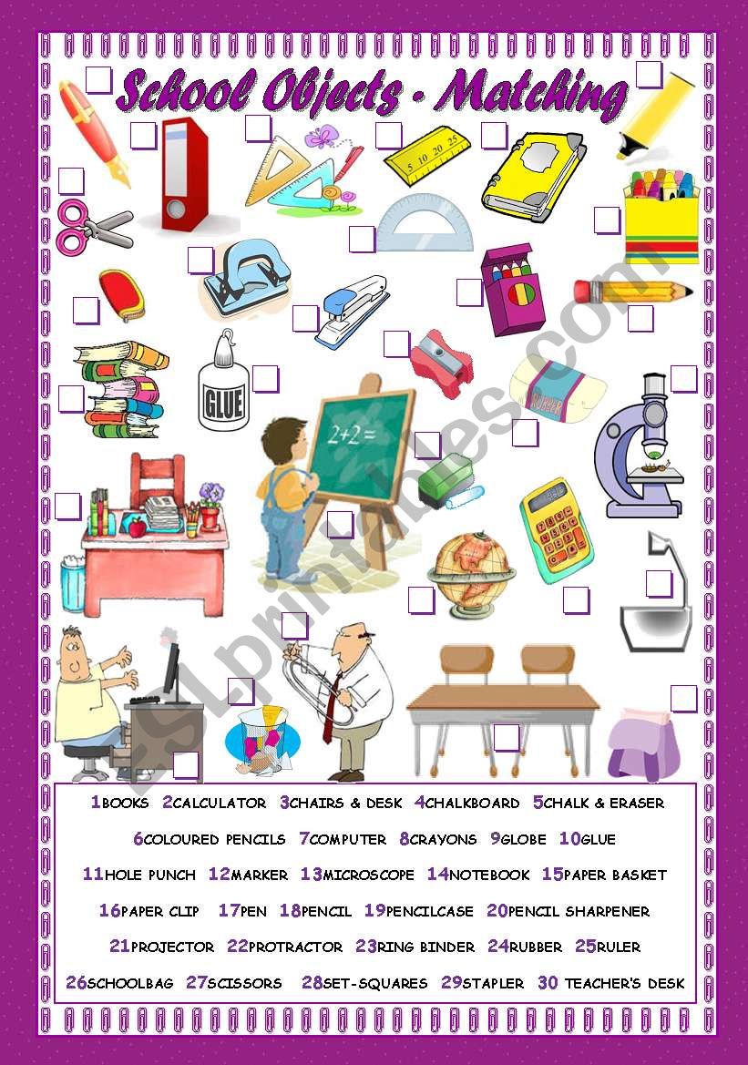 SCHOOL OBJECTS - MATCHING worksheet