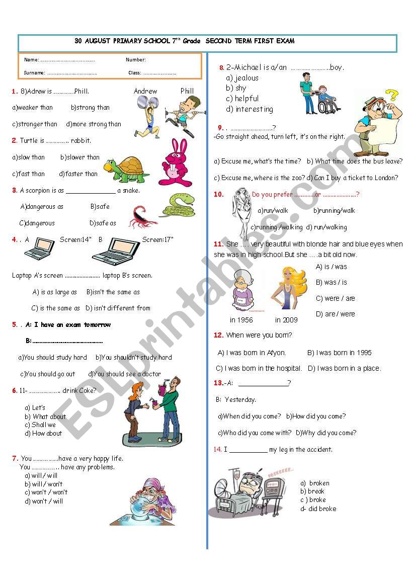7th Grade Exam  (part 1) worksheet