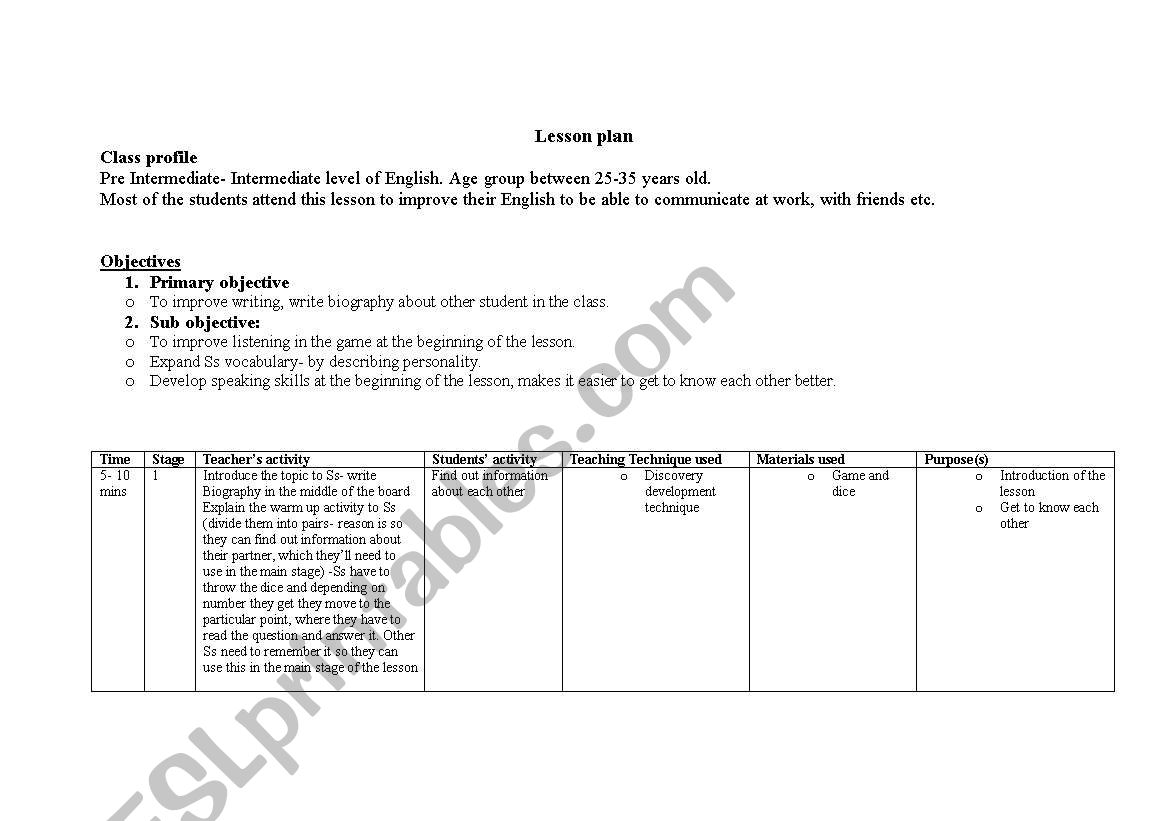 Writing biography worksheet