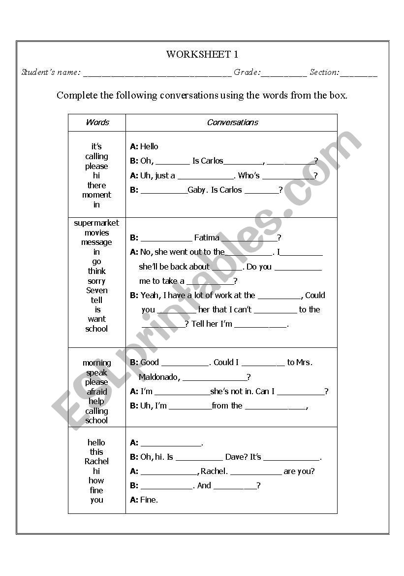 Phone calls worksheet