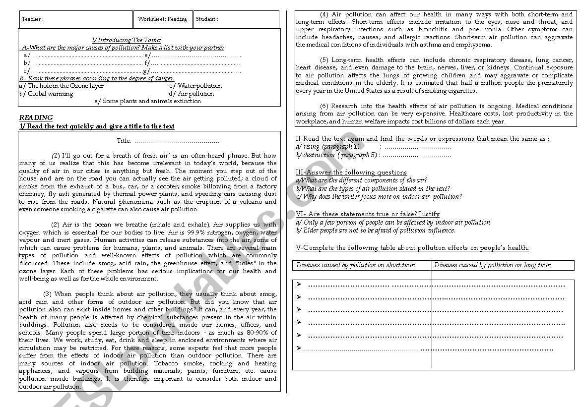 Pollution worksheet