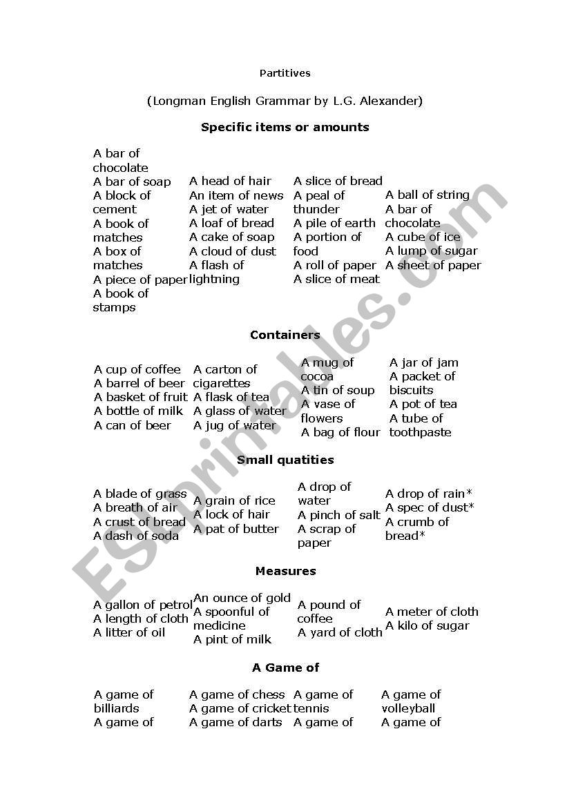 partitives worksheet