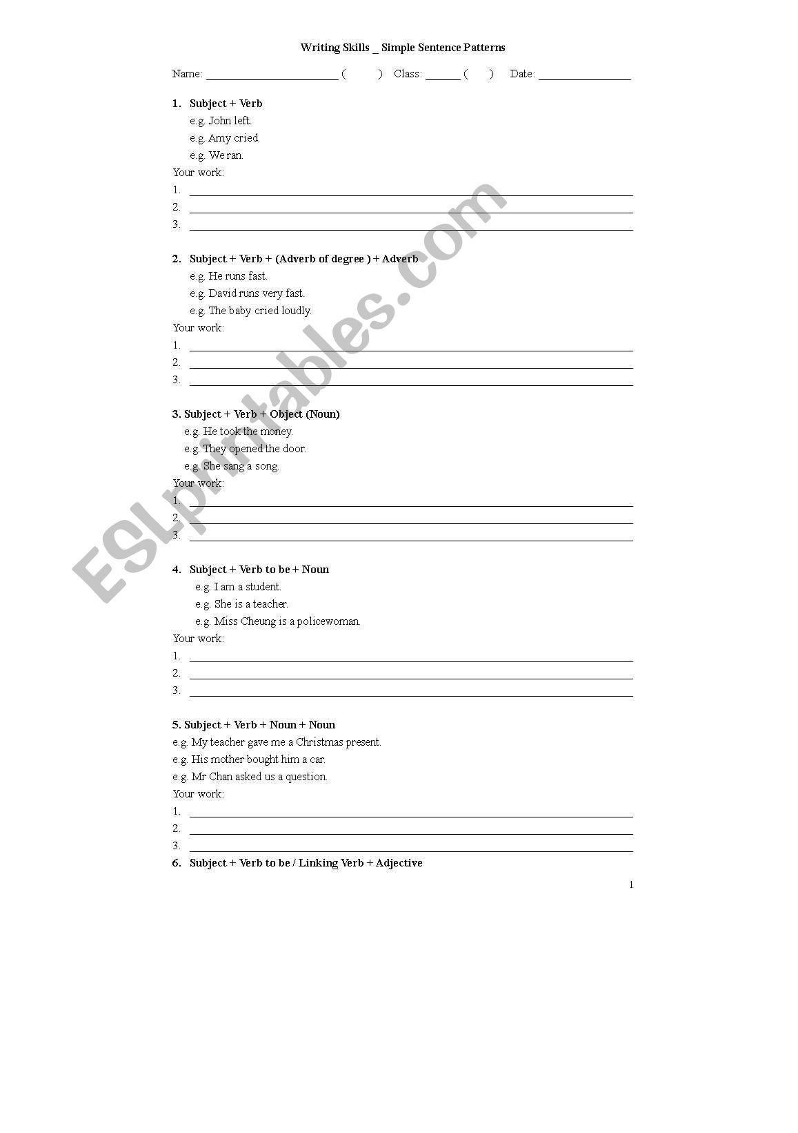 Simple sentence patterns worksheet