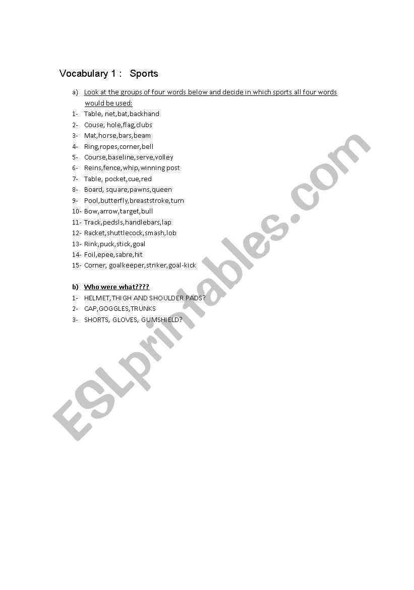 Vocabulary on sports worksheet