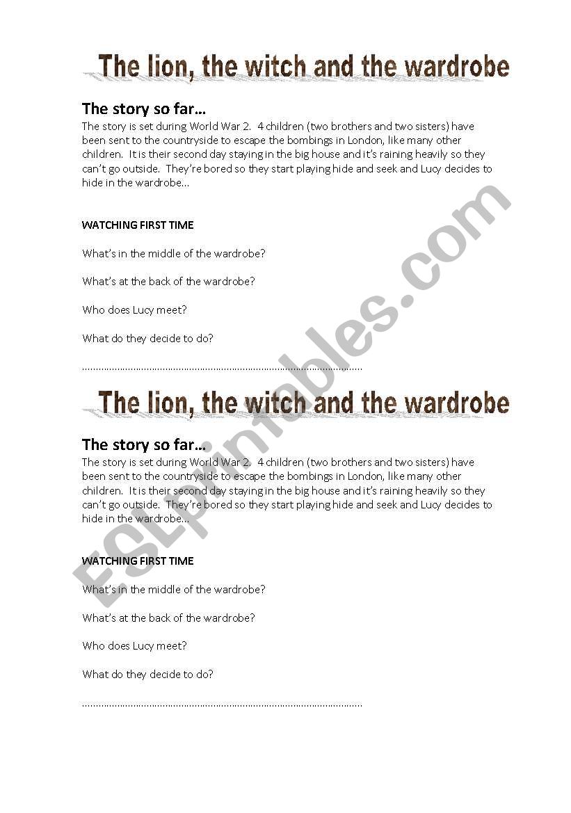 Narnia - DVD worksheet (Lucys discovery of Narnia)