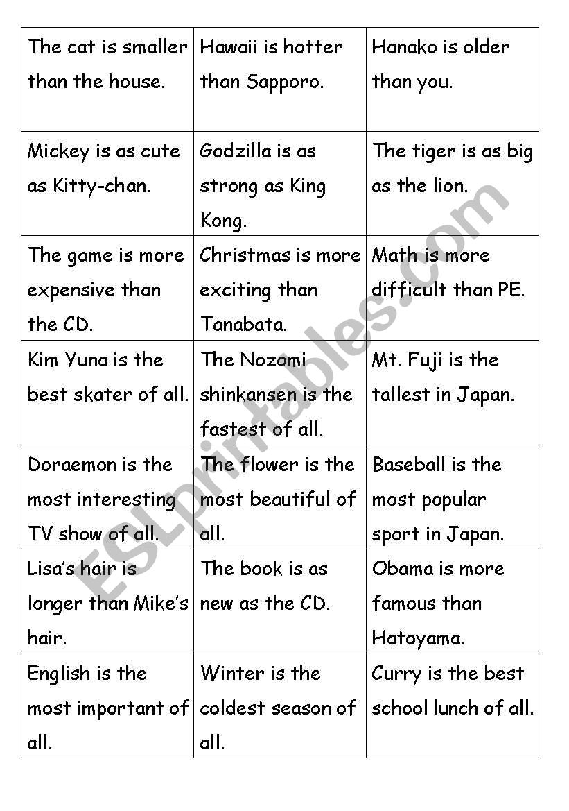 Comparison cards worksheet