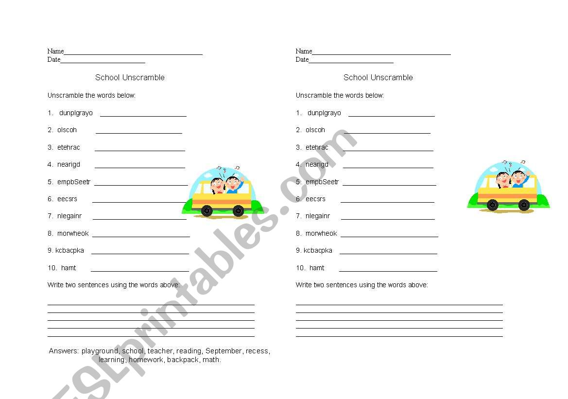 Back to school vocabulary worksheet