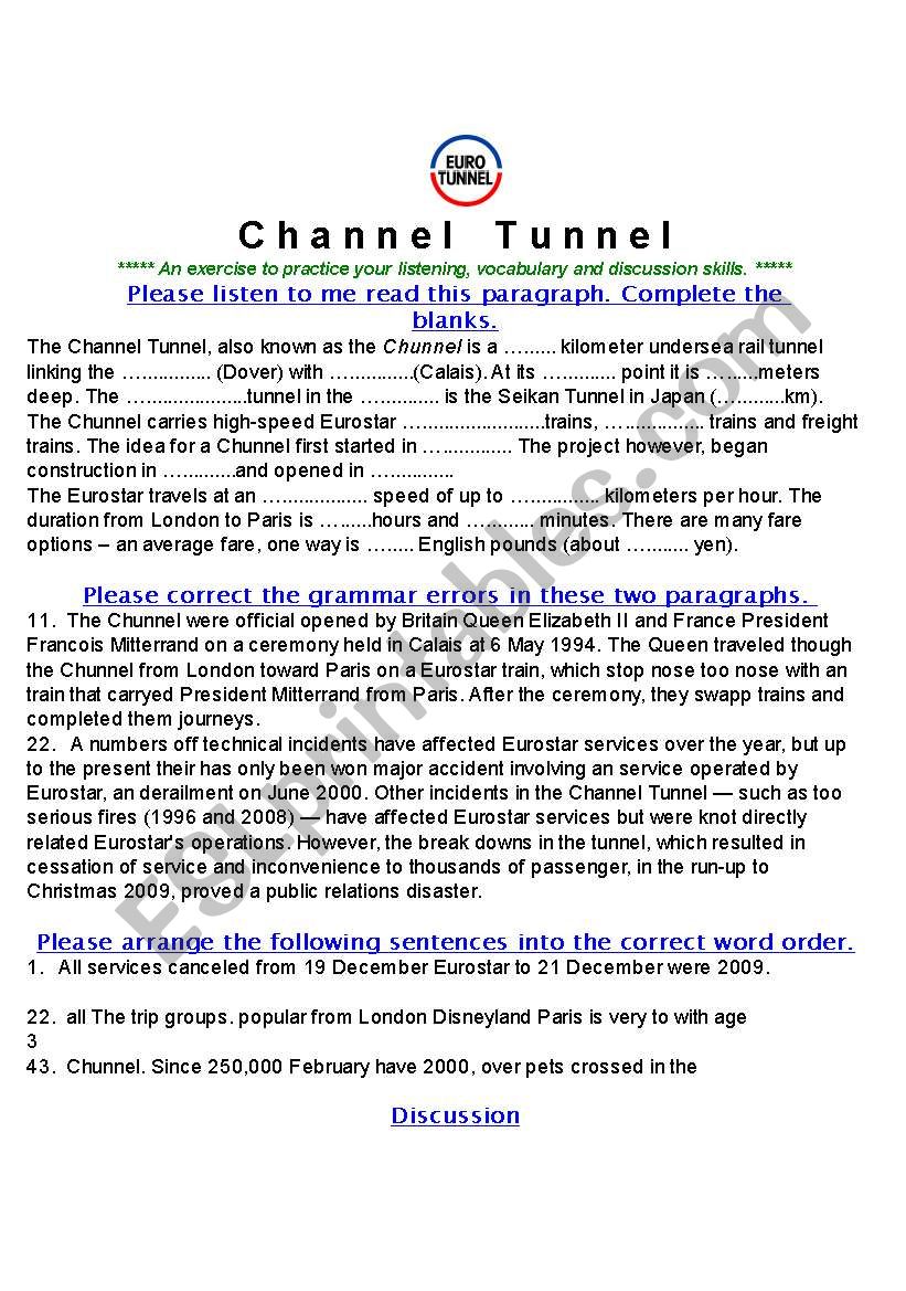 Channel Tunnel worksheet