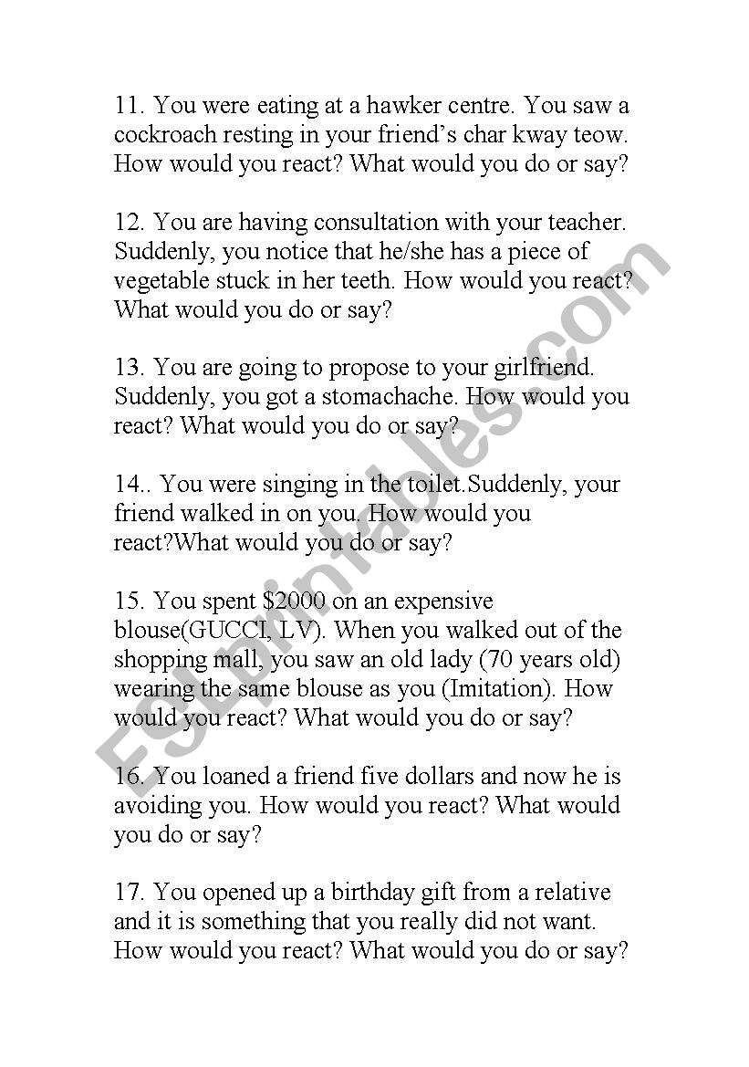 How would you react? (2) worksheet