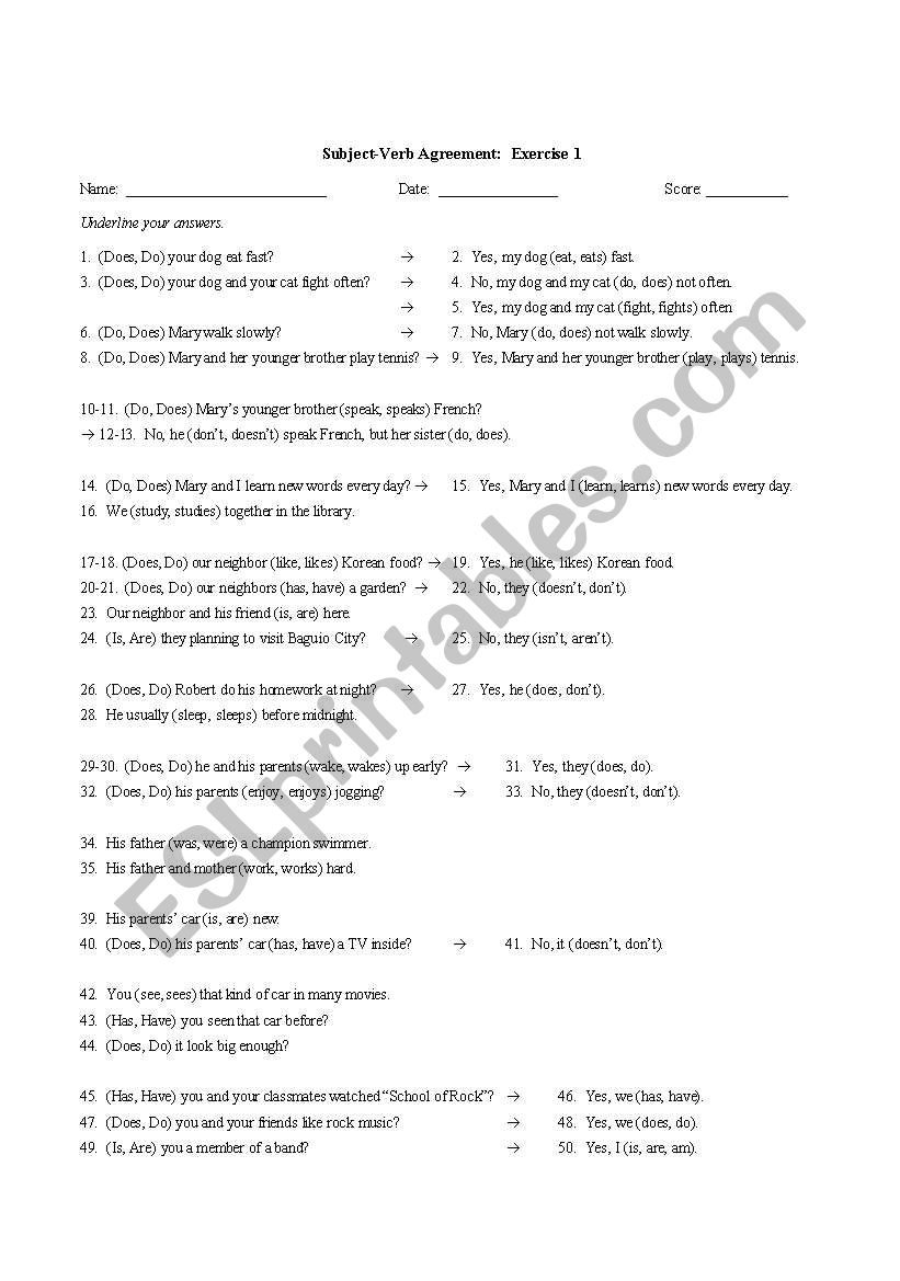 Subject-Verb Agreement, Exercise 1 (introductory level)