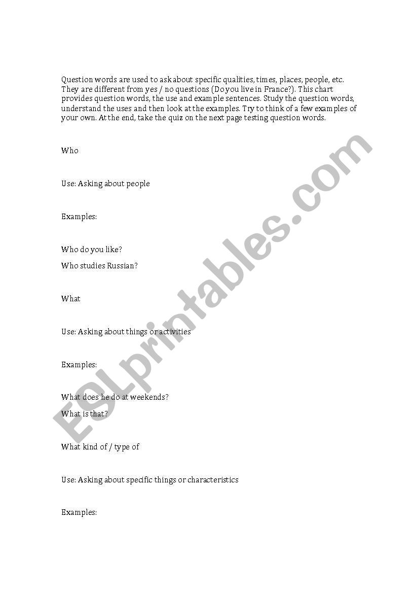 Question Words Worksheet worksheet