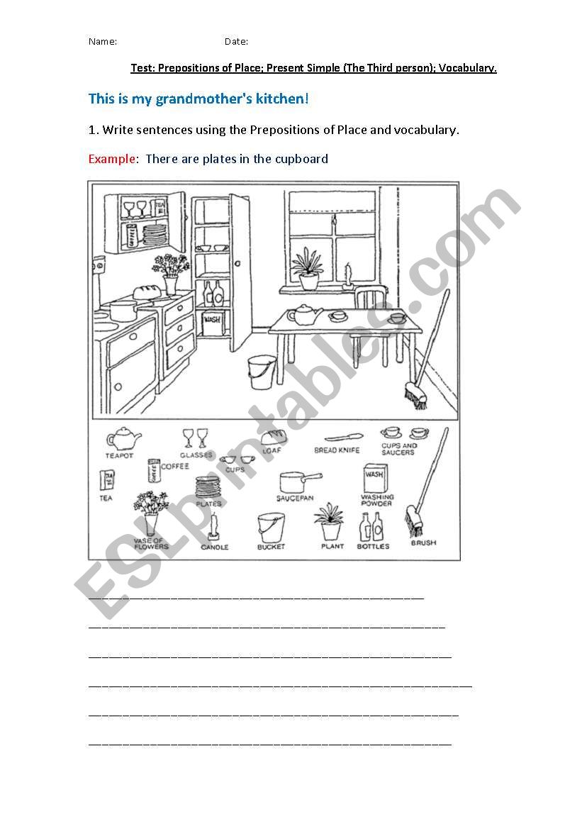 Test: Prepositions of Place; Present Simple (The Third person); Vocabulary.