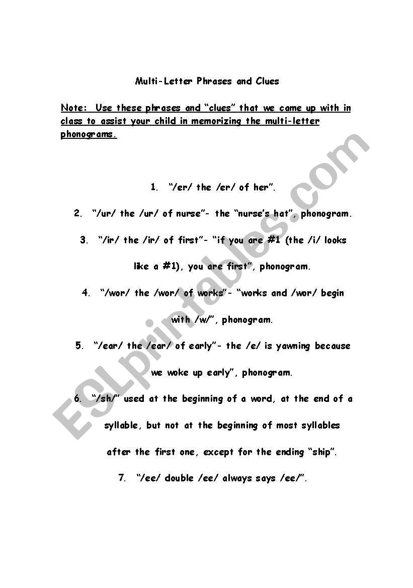 Multiletter phrases worksheet