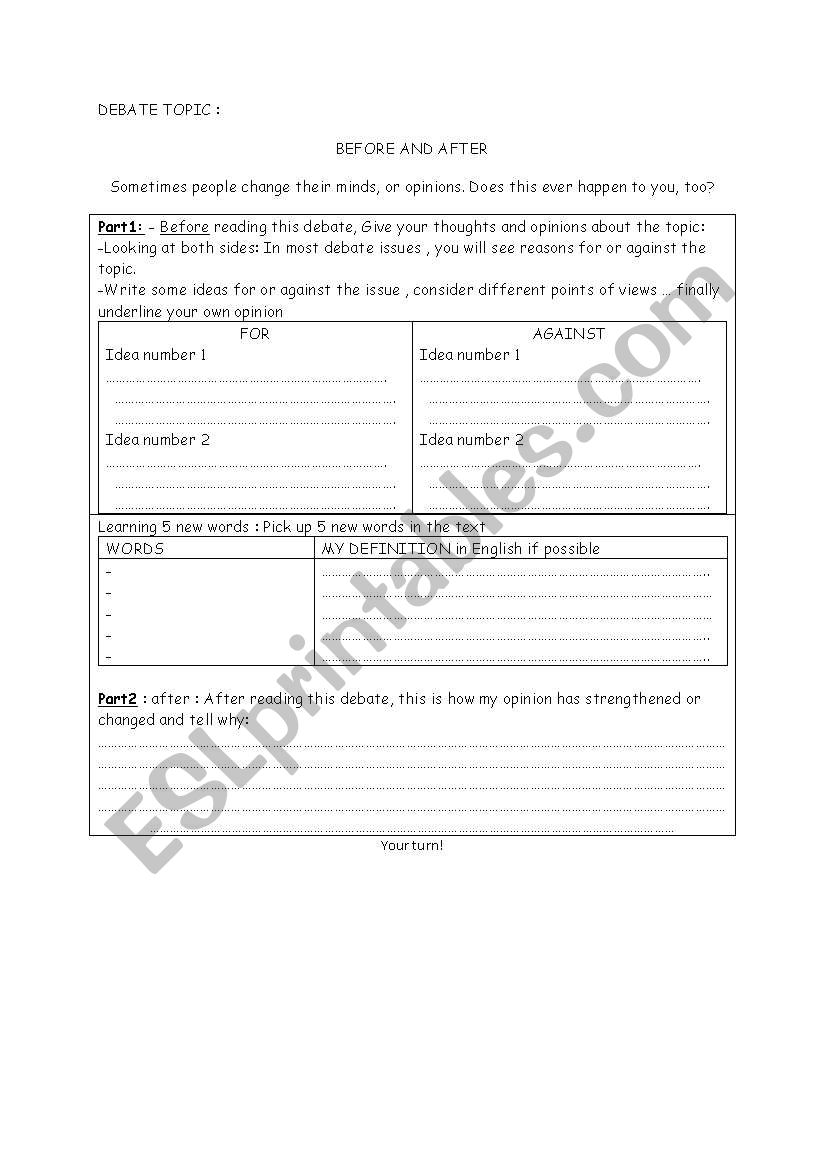 debate topic worksheet