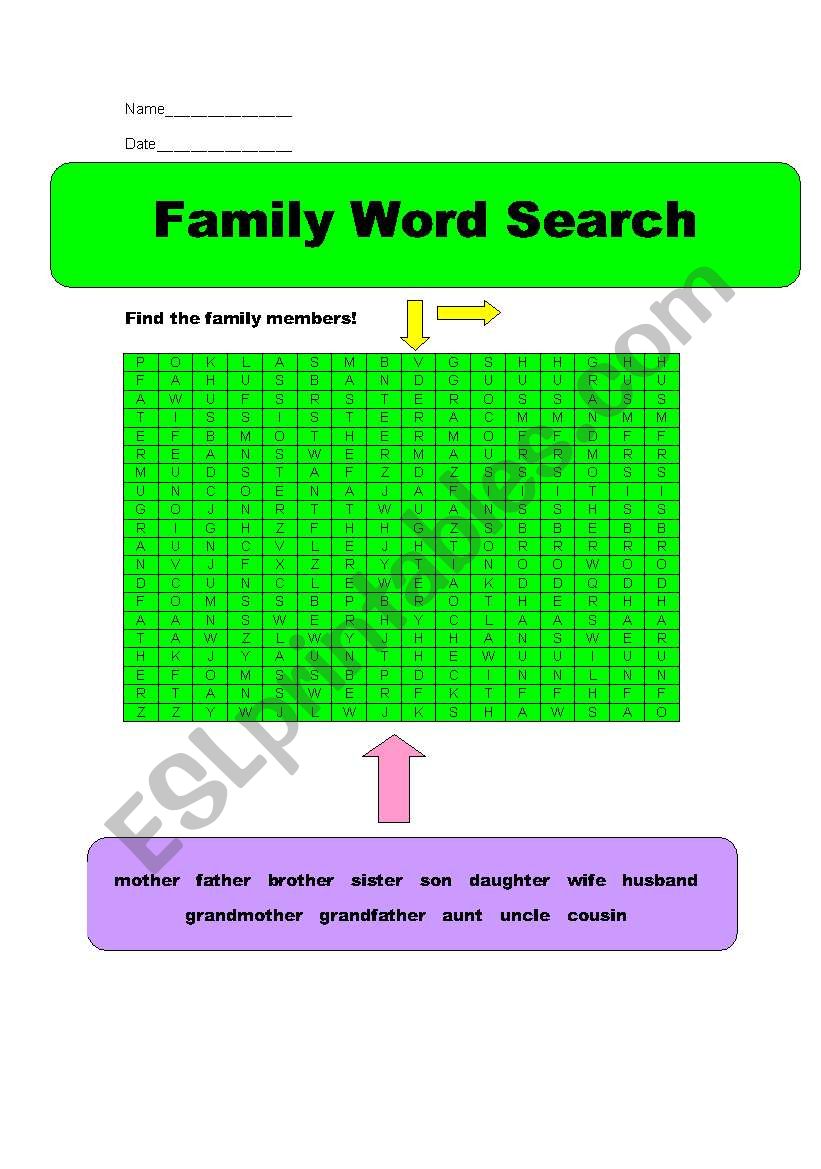 Family Word Search worksheet