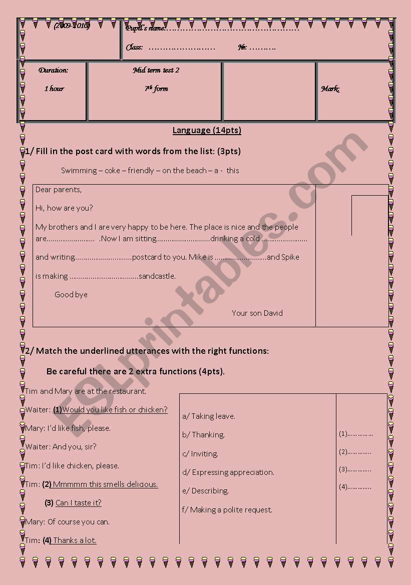 7th form Mid-term test 2 worksheet