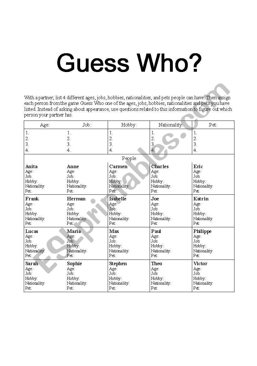Guess Who? worksheet