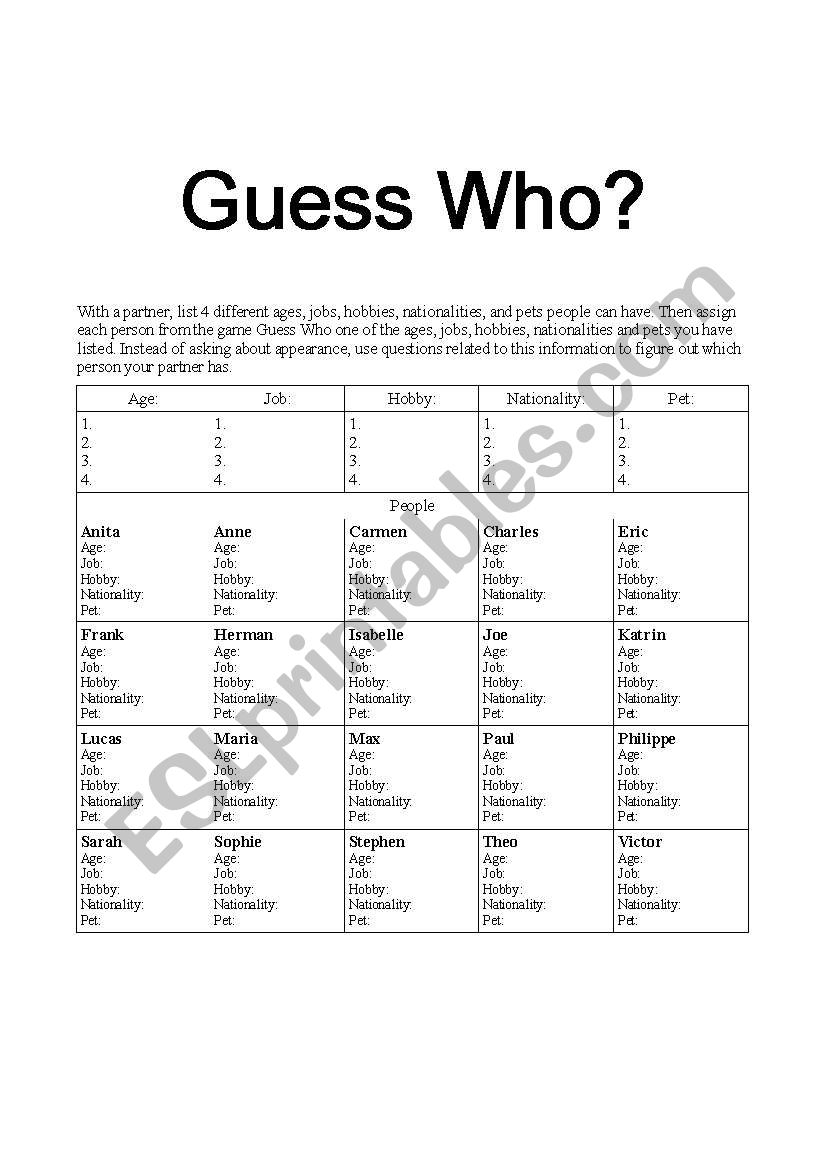 Guess Who? worksheet