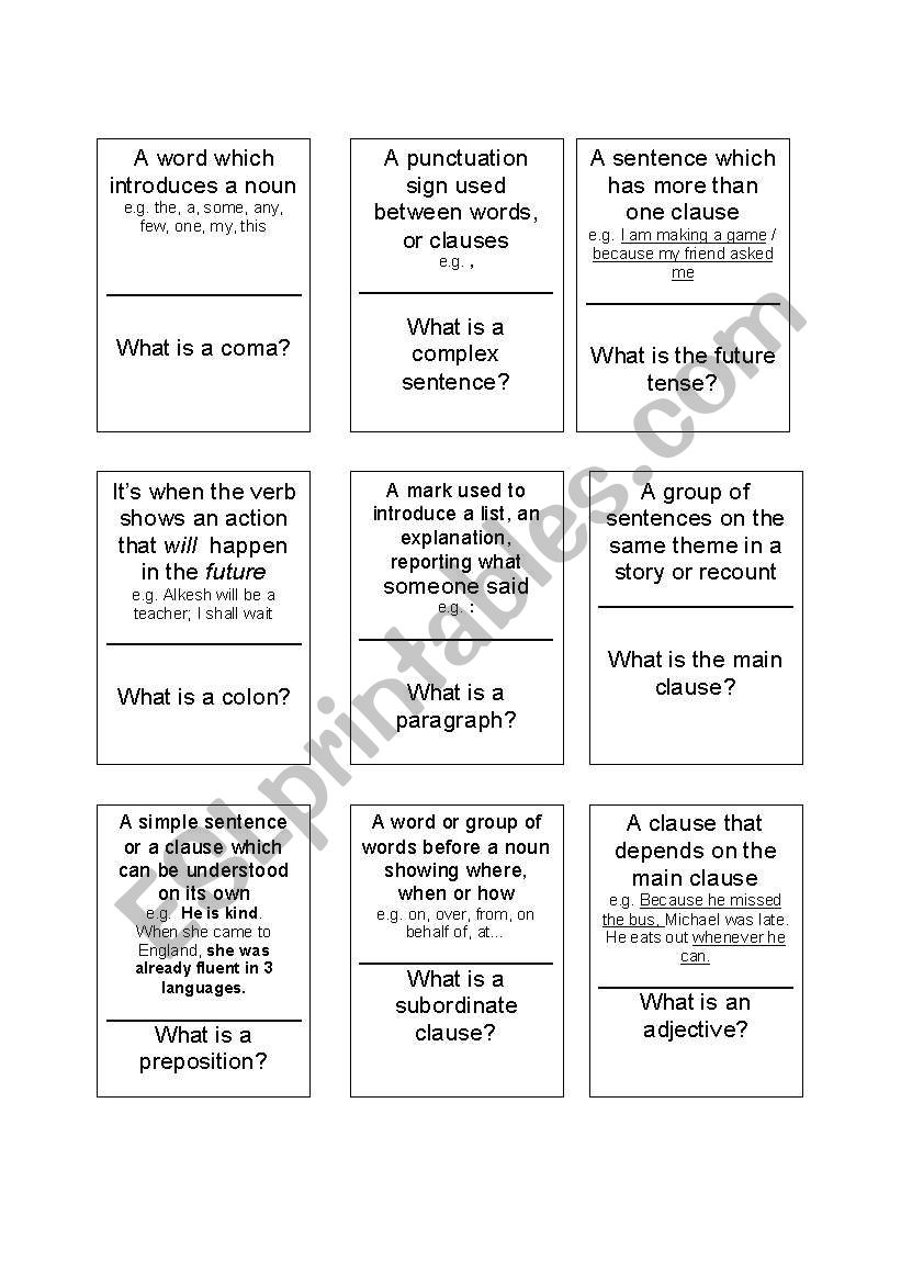 grammatical terms loop game, class activity