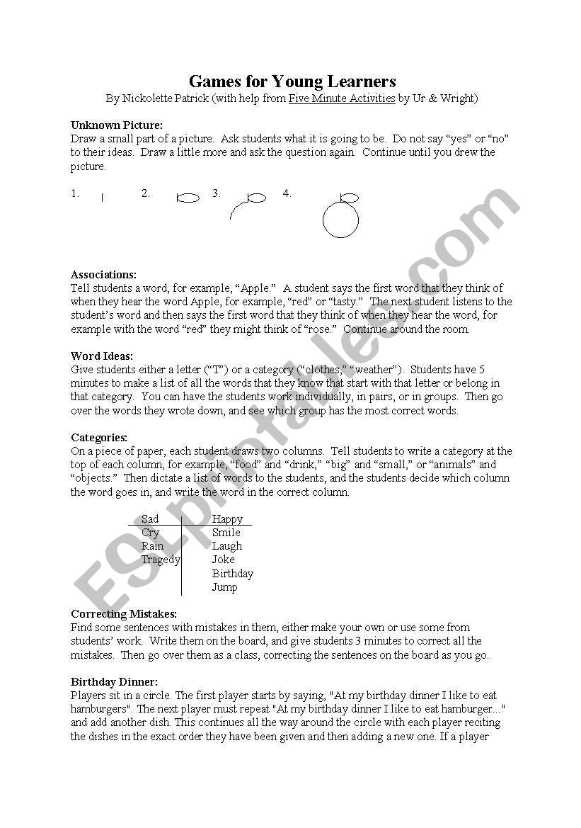 Primary games worksheet