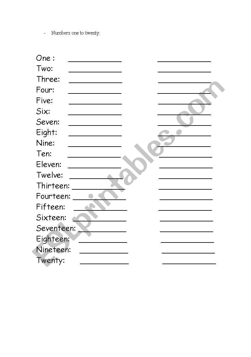NUMBERS 1-20 worksheet