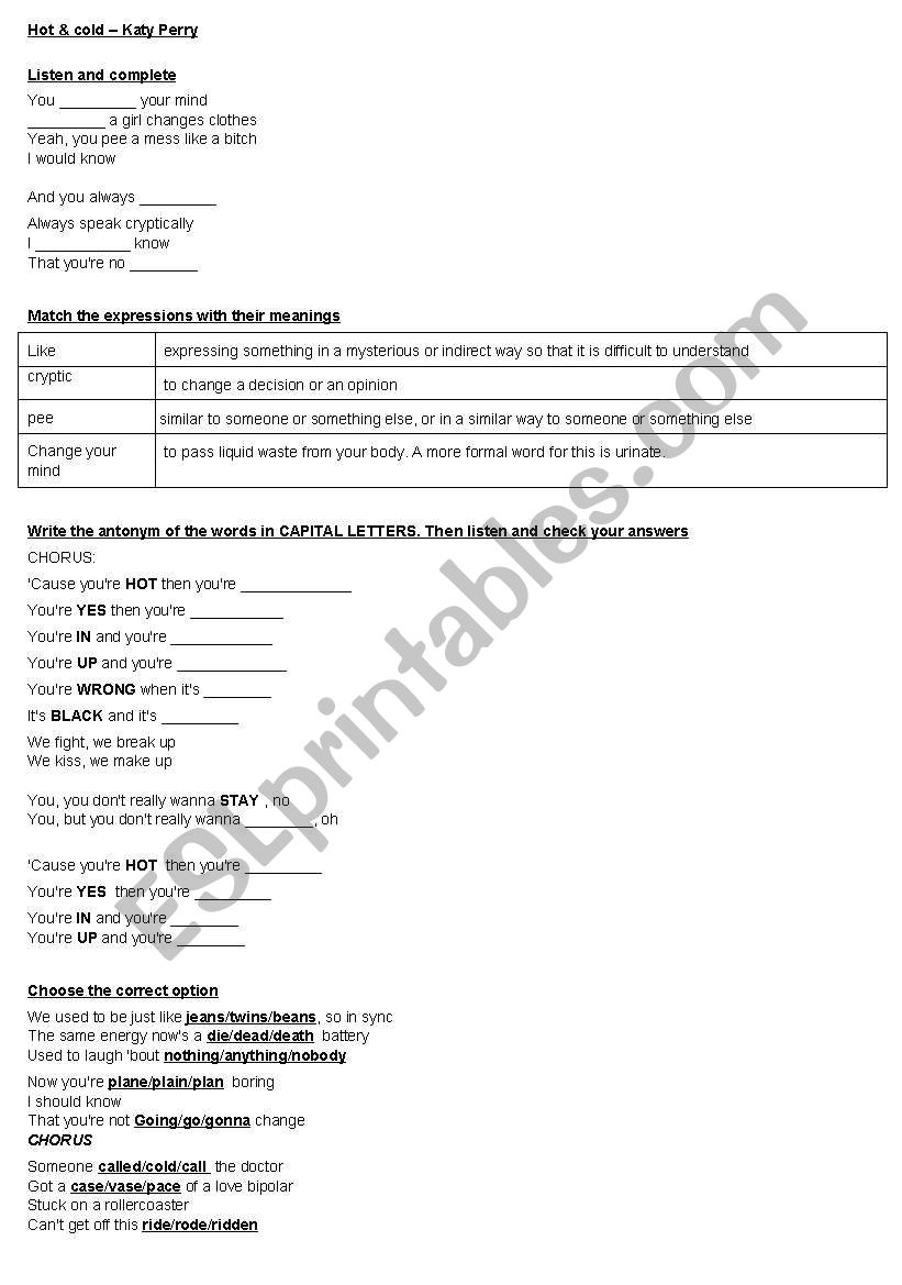 Hot and cold By KATY PERRY worksheet