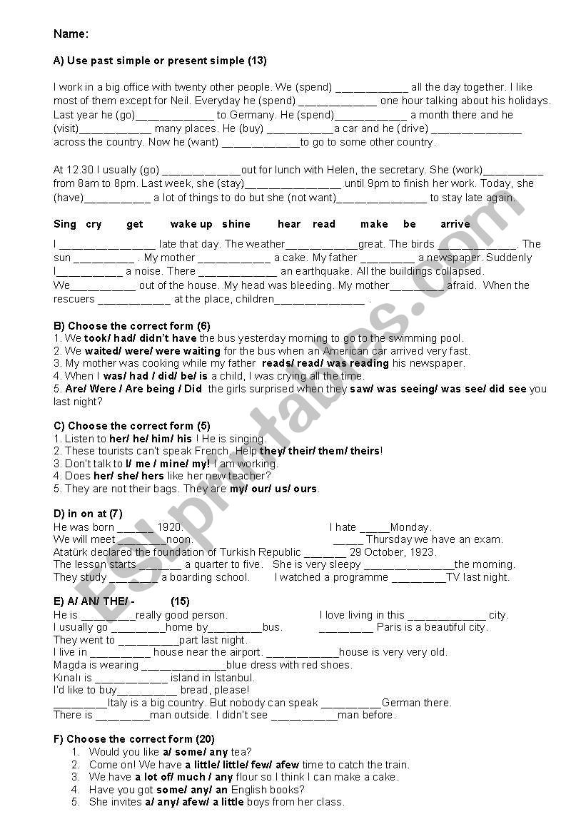 elementary review test worksheet