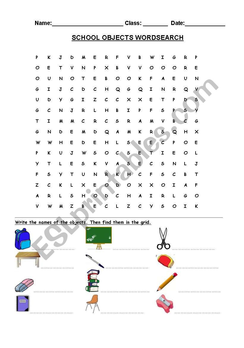 school objects wordsearch + key