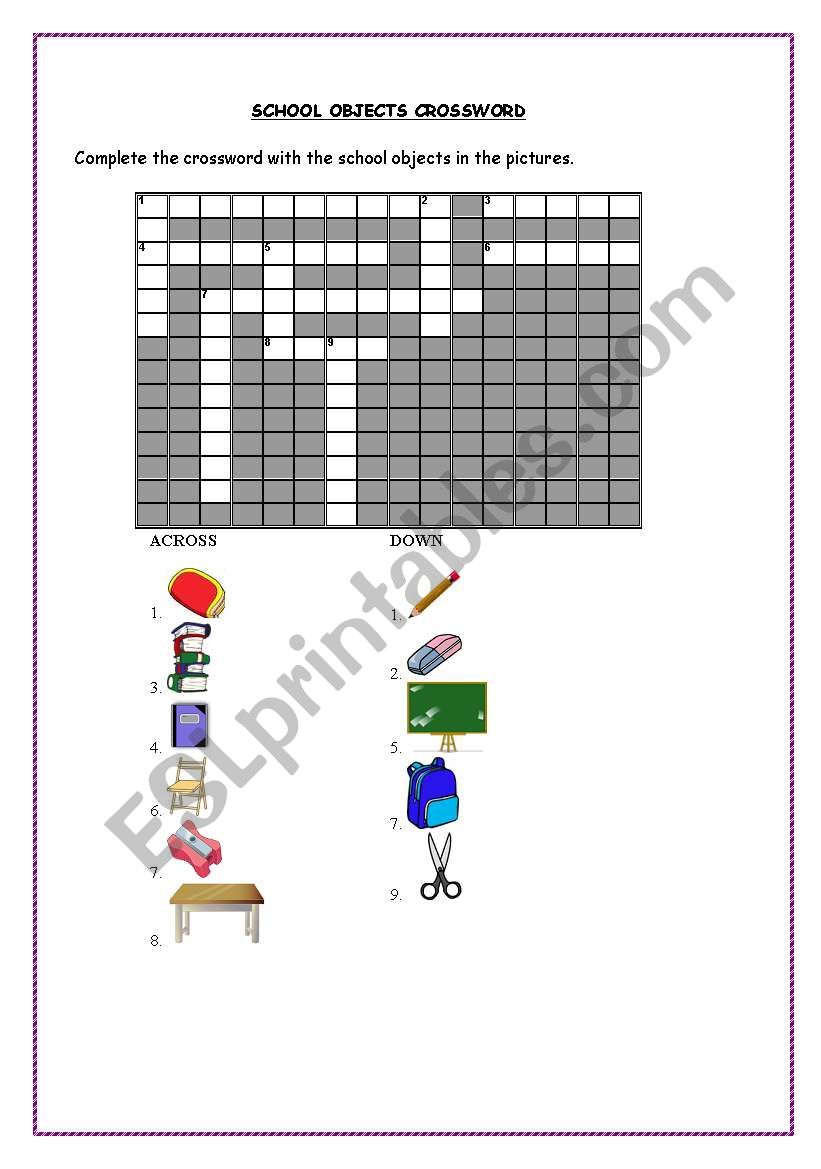school objects crossword + grayscale version