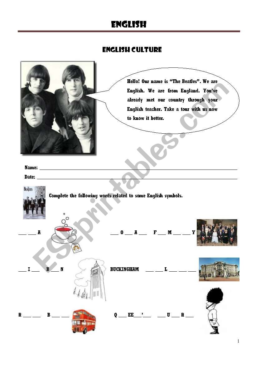 English Culture with Beatles worksheet