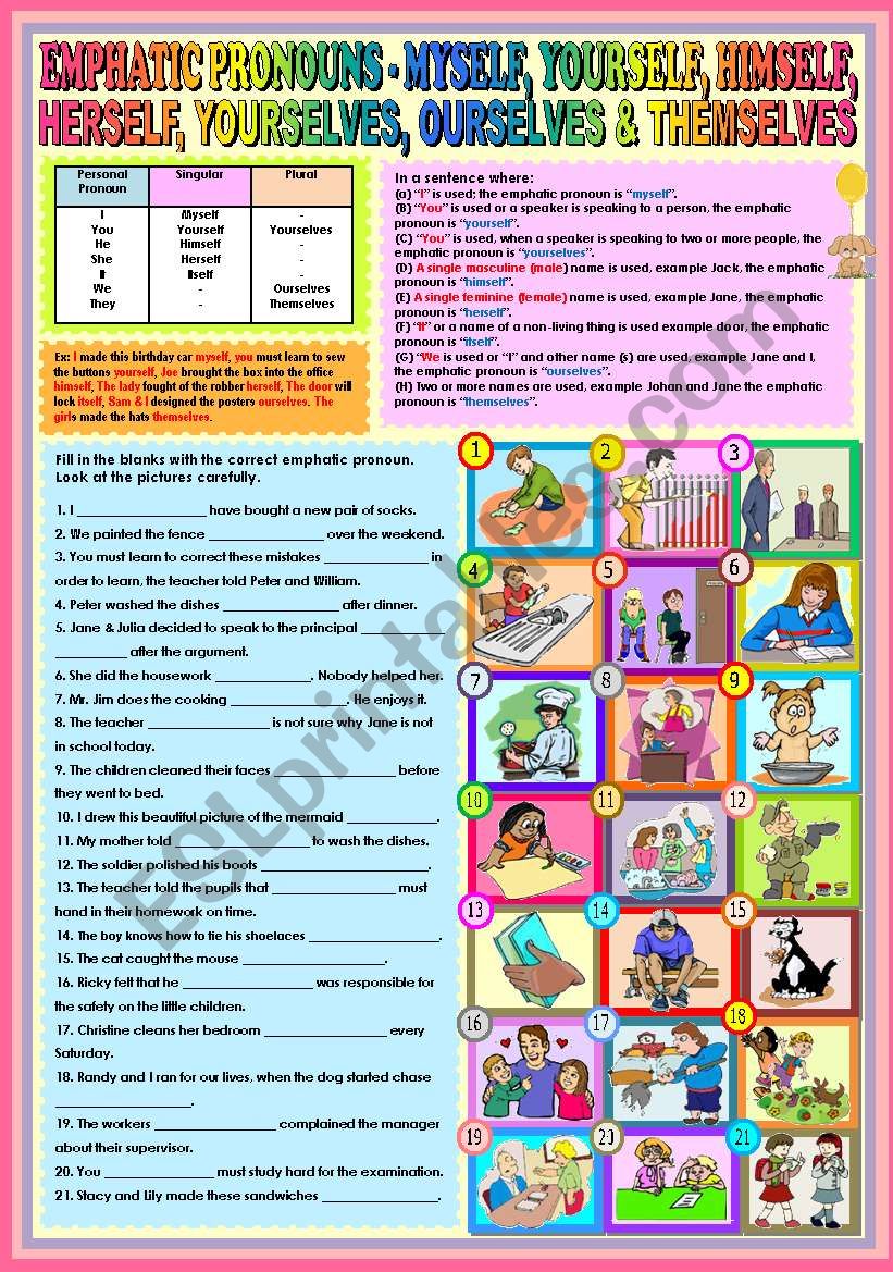 Emphatic Pronouns - Myself, Yourself, Himself, Herself, Yourselves, Ourselves and Themselves + KEY