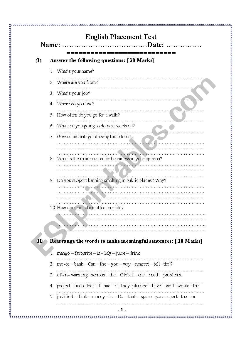 English Placement Test worksheet