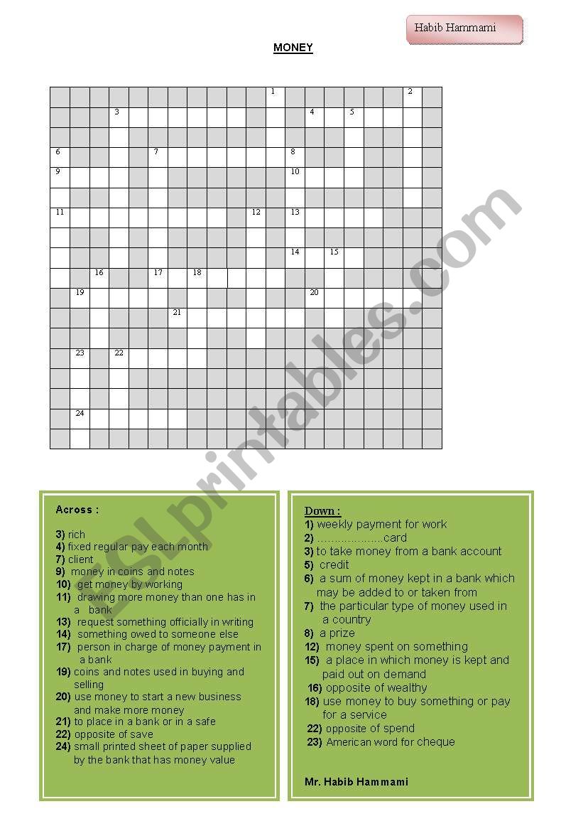 money crosswords worksheet