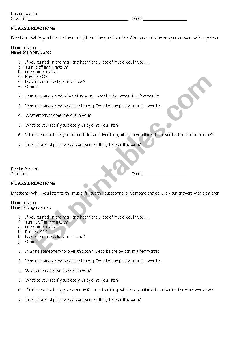 musical reactions worksheet