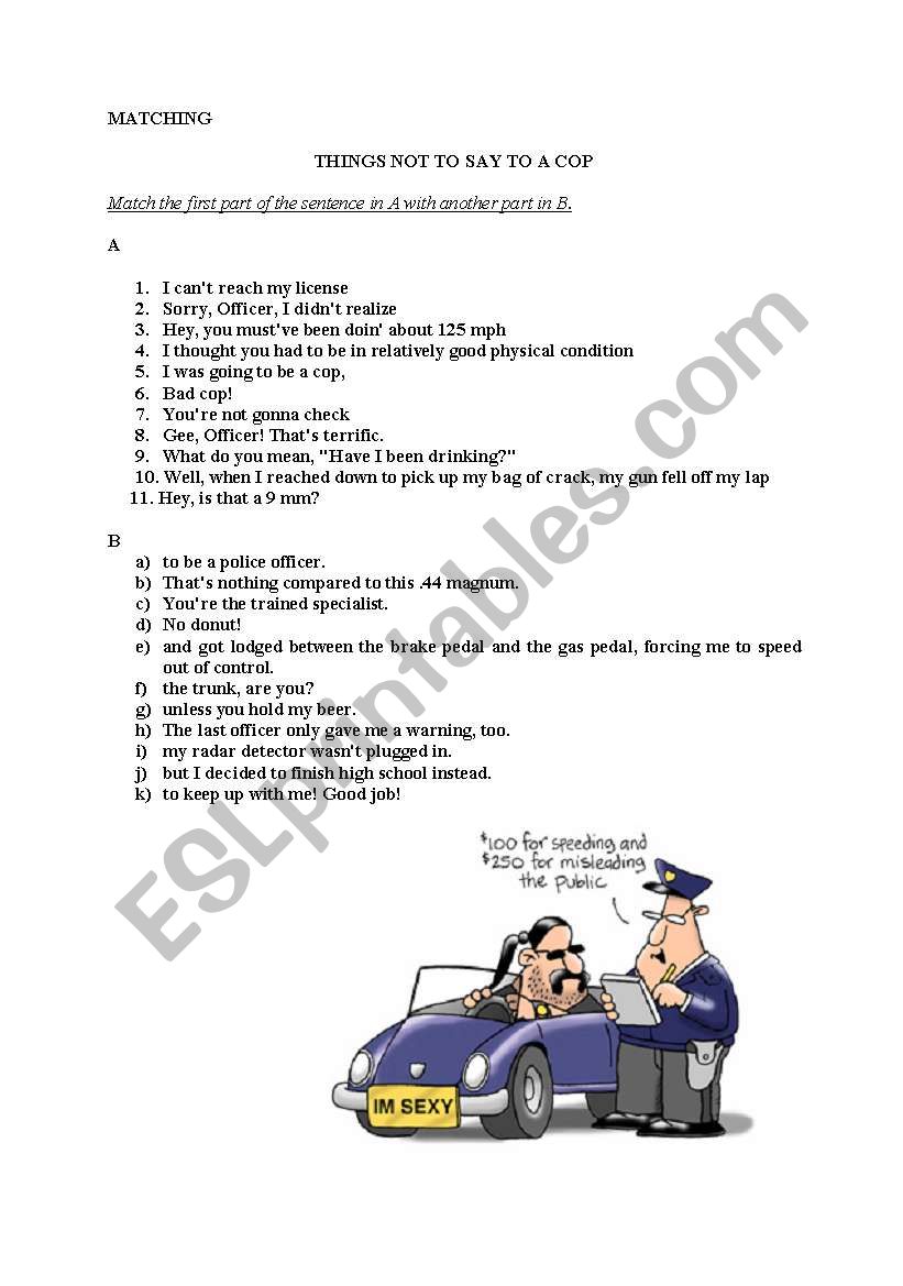 Things not to say to a cop worksheet