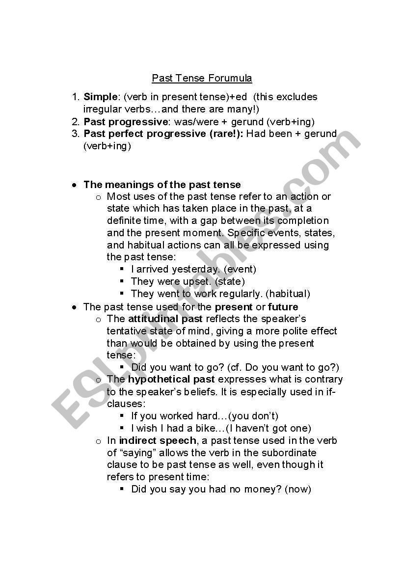 Past Tense Formula worksheet