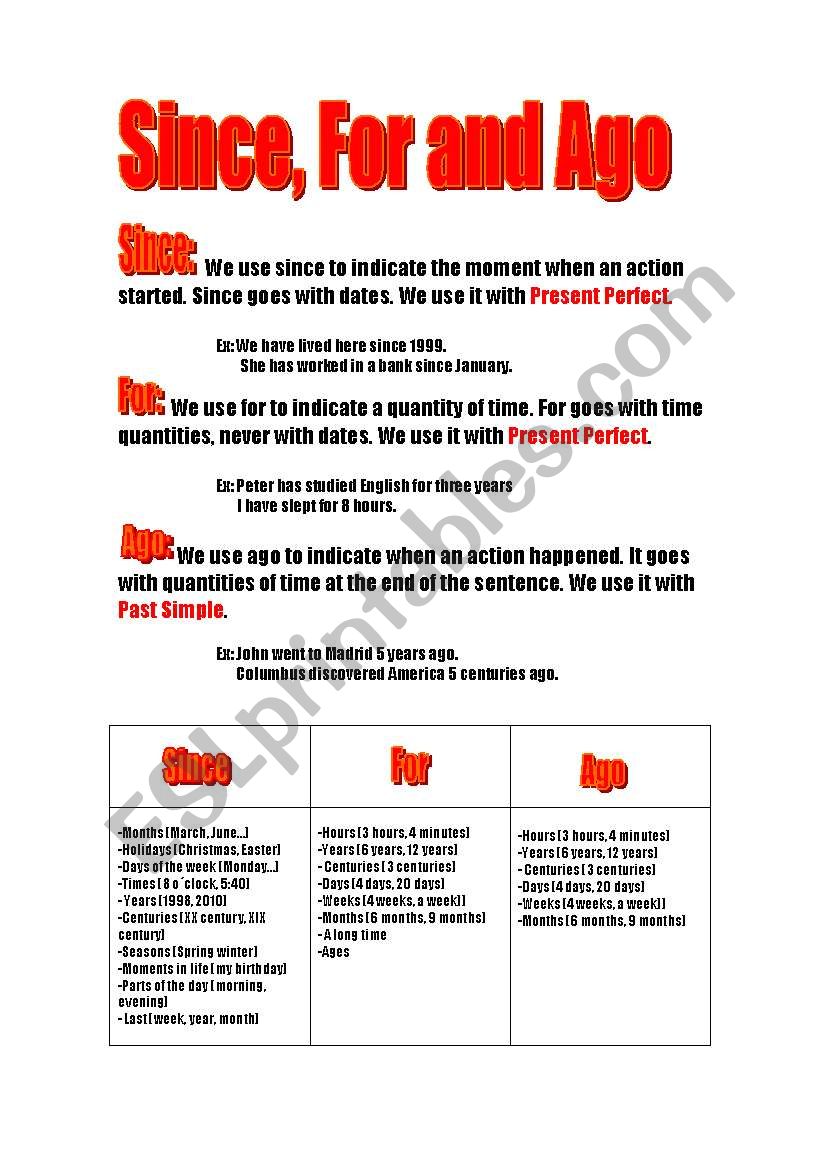 Since, For and Ago worksheet