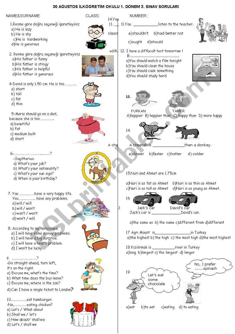 A Revision Test  for 7th Graders 